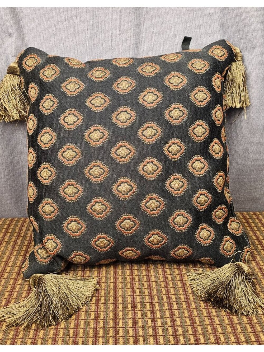 Decorative Black & Gold Square Pillow With Tassels - 12"x12" - Geometric Pattern